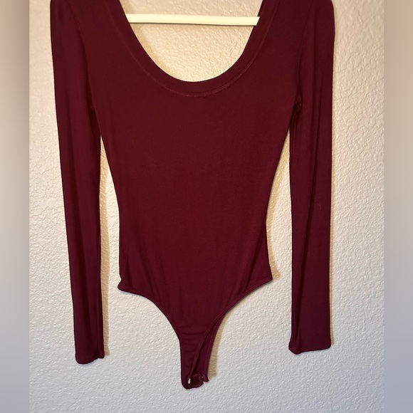 Lulus Simply the Best Long Sleeve Button Front scoop bodysuit, Burgundy, Medium - Picture 2 of 6